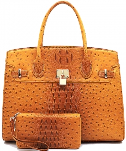 Ostrich Embossed Large Satchel Set OS1096W MUSTARD